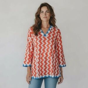 Gretchen Scott Cotton V-Neck Tunic - Contrast Zig Zag - Medium - Made in India